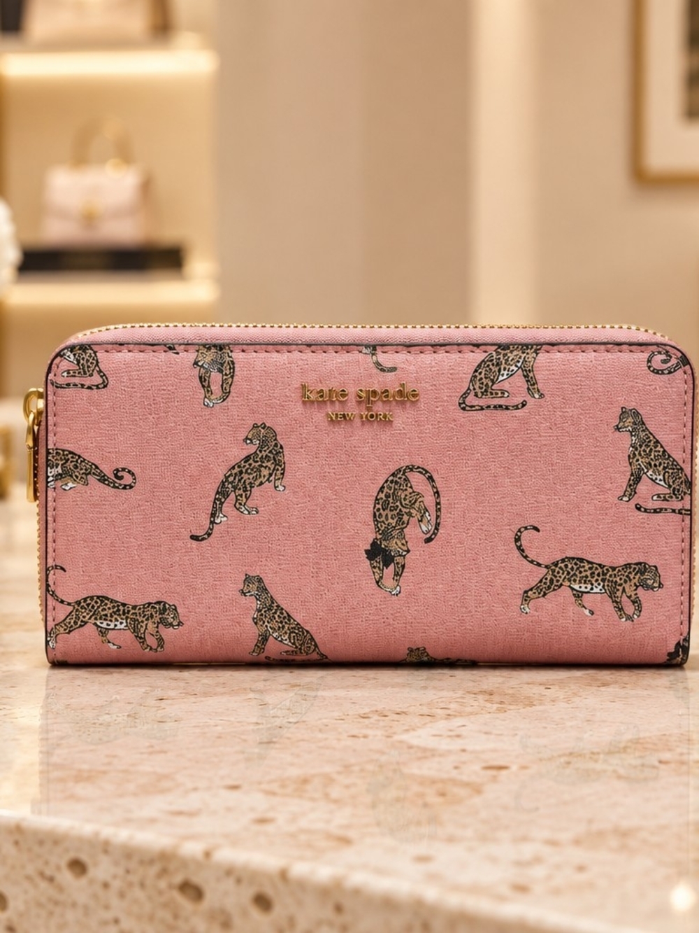 Kate Spade New York Womens Morgan Pink Leopard Zip Around  Slim Bifold Wallet